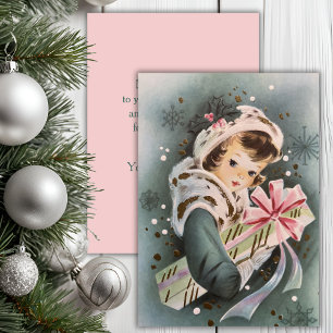 Vintage 1950s Pink Christmas Girl Custom Christmas Holiday Card