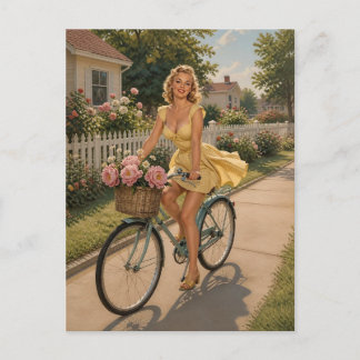 Vintage 1950s Pinup Girl on Bicycle Postcard