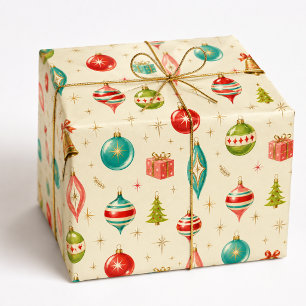 Vintage 1950s Retro Colourful Christmas Ornaments Wrapping Paper