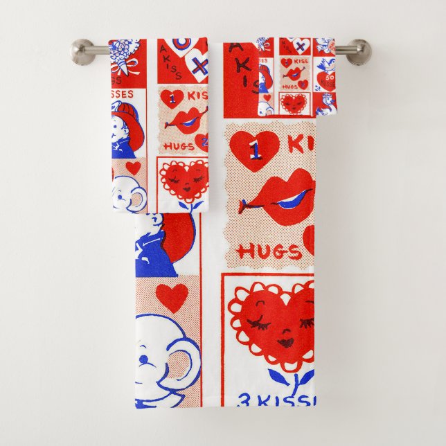Vintage 1950s Valentine Stamp Pattern Retro Kitsch Bath Towel Set (Insitu)