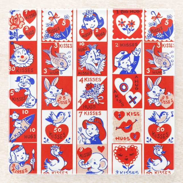 Vintage 1950s Valentine Stamp Pattern Retro Kitsch Glass Coaster (Front)