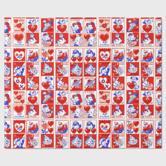 Vintage 1950s Valentine Stamp Pattern Retro Kitsch Wrapping Paper (Seam)