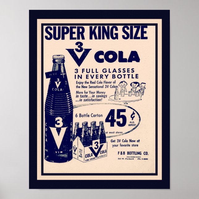 Vintage 1960's 3V Cola Advertisement Poster (Front)