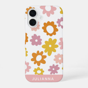 Vintage 1970s Flower Pattern Pink Personalised iPhone 16 Case