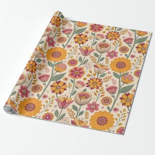 Vintage 1970s Folk Art Flowers Pink Orange Red Wrapping Paper