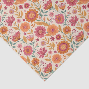 Vintage 1970s Folk Art Flowers Pink Orange Tissue Paper