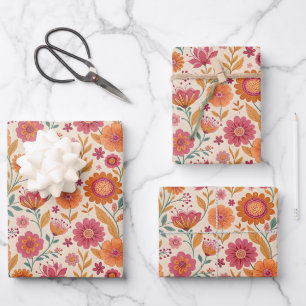 Vintage 1970s Folk Art Flowers Pink Orange Wrapping Paper Sheet