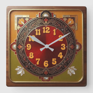 Vintage 1970s Ornate Floral Retro Wooden Frame Square Wall Clock
