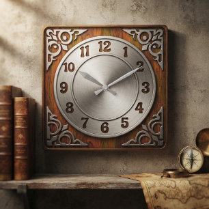 Vintage 1970s Ornate Scrollwork Retro Wooden Square Wall Clock