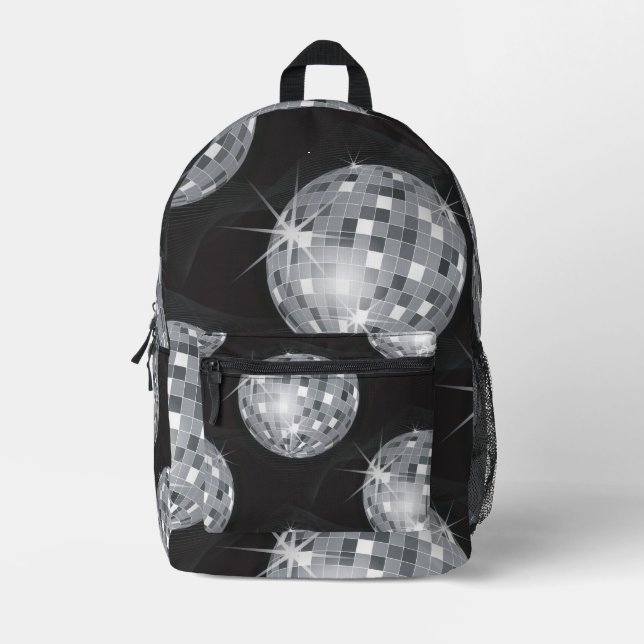 vintage 1970s style silver disco ball printed backpack (Front)