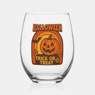Vintage 1970s Trick or Treat Halloween Stemless Wine Glass
