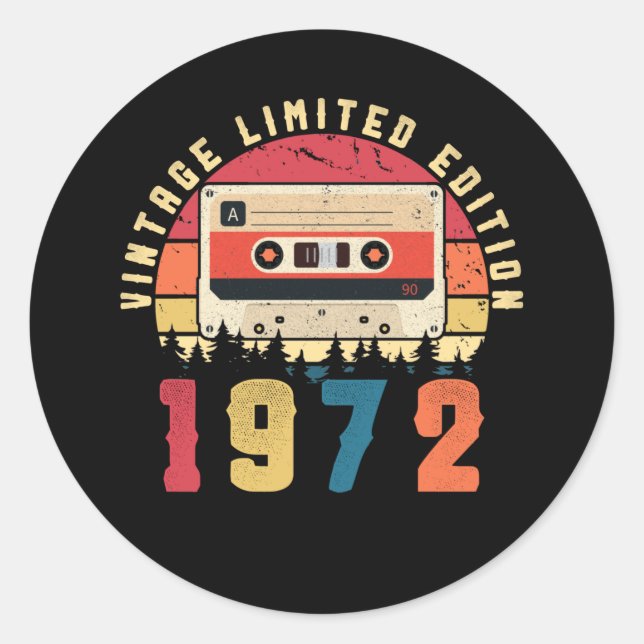 Vintage 1972 Birthday Cassette Tape Classic Round Sticker (Front)