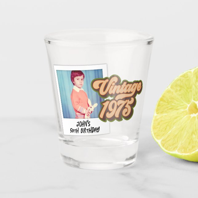 Vintage 1975 50th Birthday Photo  Shot Glass (Front)