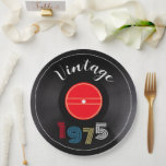 Vintage 1975 Retro Stripe Record 50th Birthday Paper Plate<br><div class="desc">This design features 'Vintage' is a white retro typography and the retro-stripe numerals 1975 in fun,  primary colours,  with a vinyl record in the background,  and on a unique,  round invitation.</div>