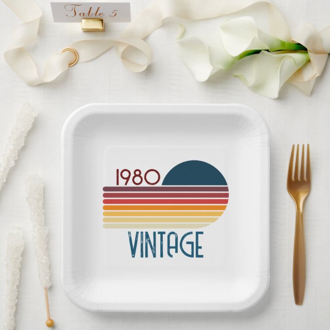 Vintage 1980 Retro Stripe Sun Paper Plate (Wedding)