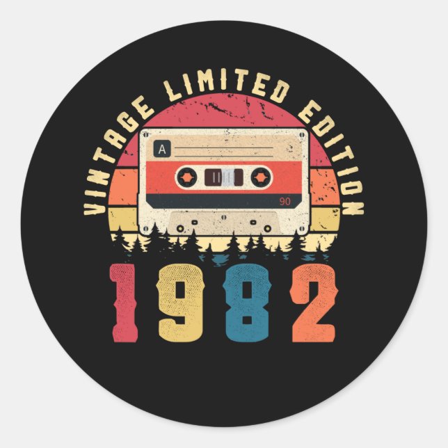 Vintage 1982 Birthday Cassette Tape Classic Round Sticker (Front)