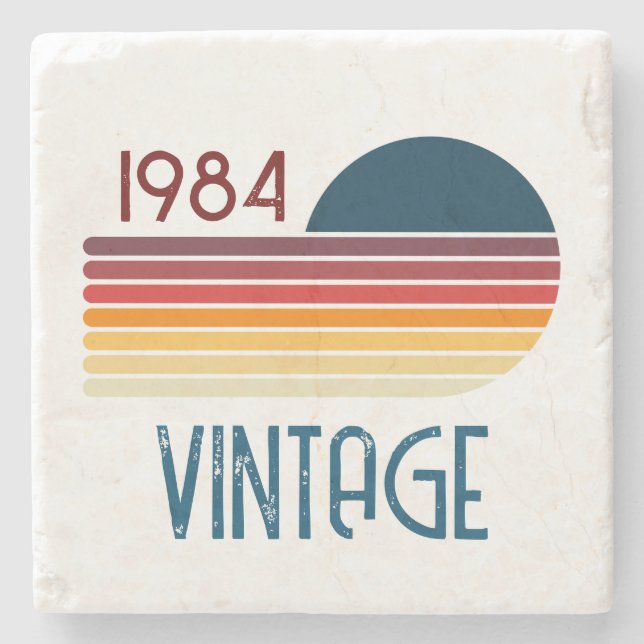 Vintage 1984 Retro Stripe Sun Stone Coaster (Front)