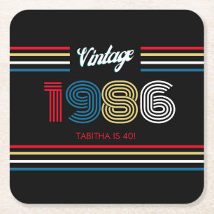 Vintage 1986 Retro Stripe 40th Birthday Party  Square Paper Coaster