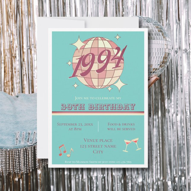 Vintage 1994 30th birthday retro teal Invitation (Creator Uploaded)
