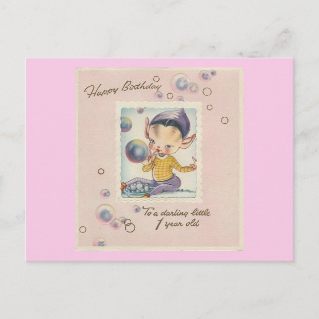 Vintage "1 Year Old" Happy Birthday Elf Postcard (Front)