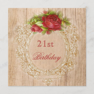 Vintage 21st Birthday Red Rose Wooden Frame Invitation