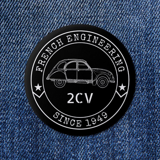 Vintage 2CV Oldtimer Badge Engineering Excellence (2CV Button in Black with a White Badge Text Design and and Illustration of the Deux Chevaux )