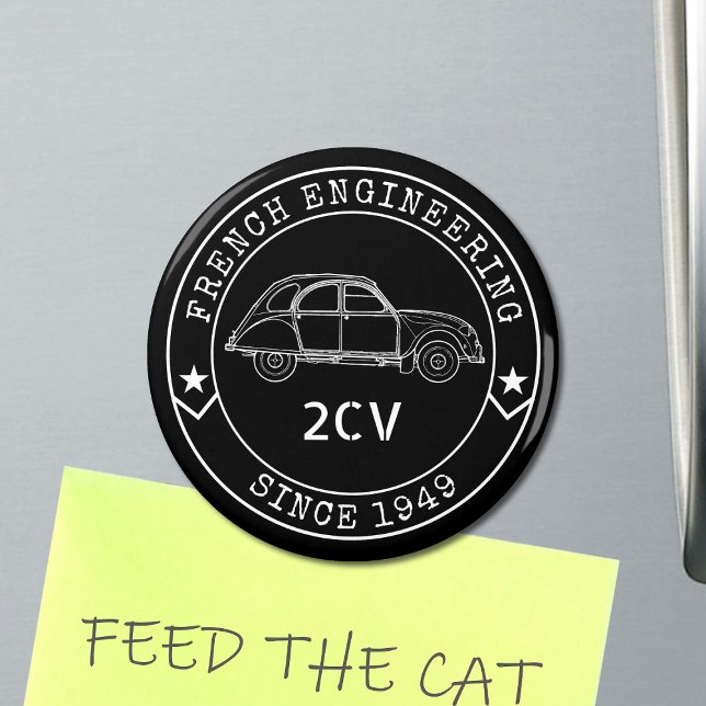 Vintage 2CV Oldtimer Badge Engineering Excellence Magnet (2CV Magnet in Black with a White Badge Text Design and and Illustration of the Deux Chevaux )