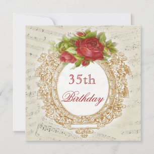 Vintage 35th Birthday Red Rose Frame Music Sheet Invitation