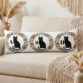 Vintage 3 Black Cats Botanical Art Wreath Monogram Body Cushion