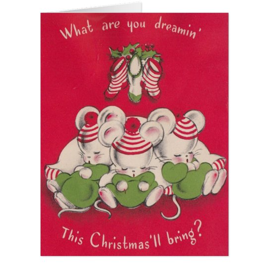 Vintage 3 Cute Mices Dreaming on Christmas Eve Card