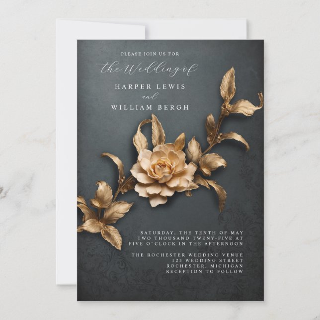 vintage 3d gold foliage qr code wedding invitation (Front)