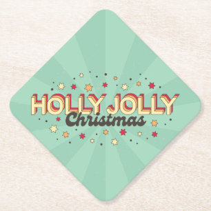 Vintage 3d typography, holly jolly xmas text paper coaster