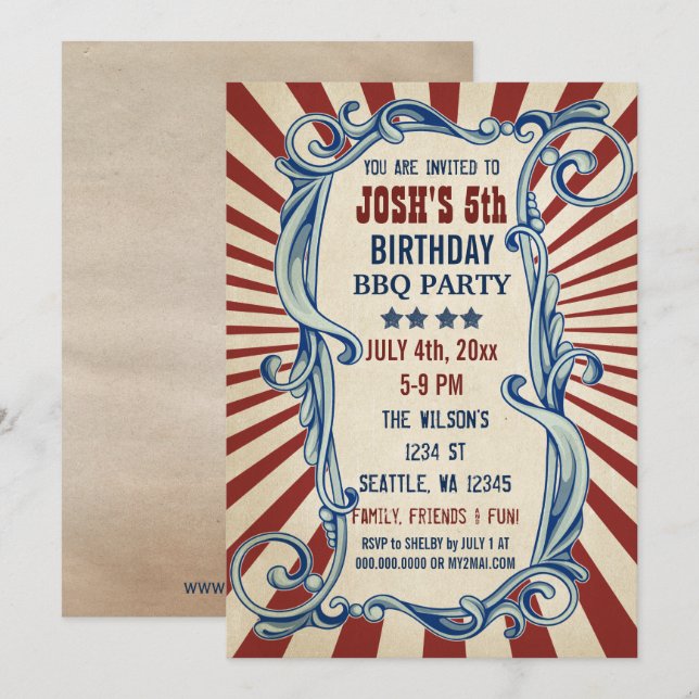 Vintage 4th of July Birthday Party Invitations (Front/Back)