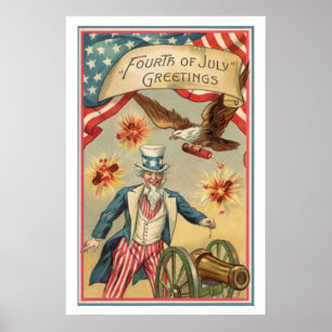 Vintage 4th of July Fireworks with Uncle Sam Poster