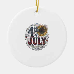 Vintage 4th of July Patriotic Sunflower Shirt Desi Ceramic Ornament