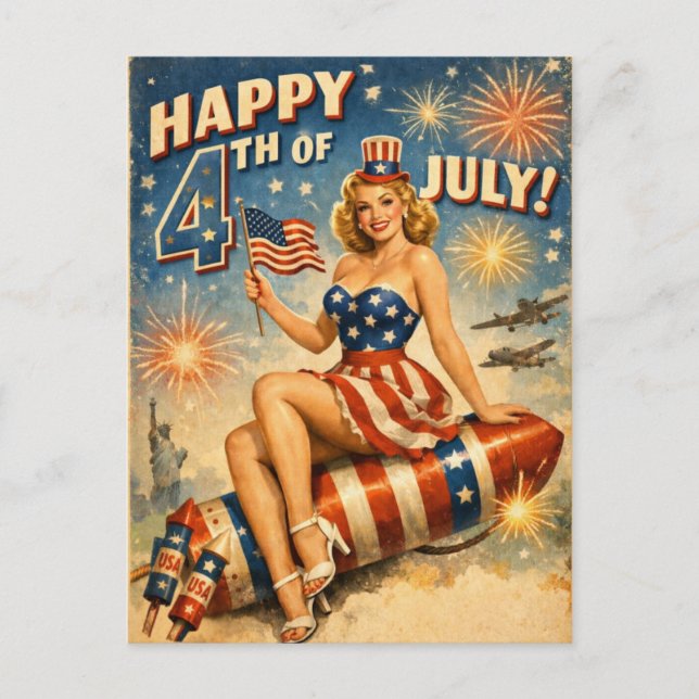 Vintage 4th of July Pin-Up Postcard (Front)