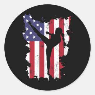 Vintage 4th Of July Usa Flag Kickboxing Women Kids Classic Round Sticker