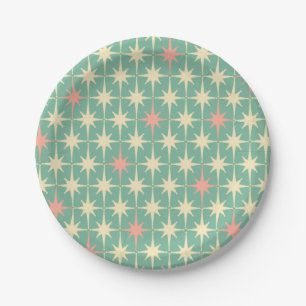 Vintage 50s Retro Stars Pattern Mint Pink Cream Paper Plate