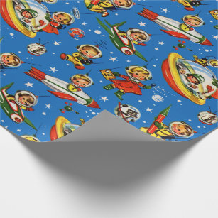 Vintage 50s Rockets and Flying Saucer Kids Wrapping Paper