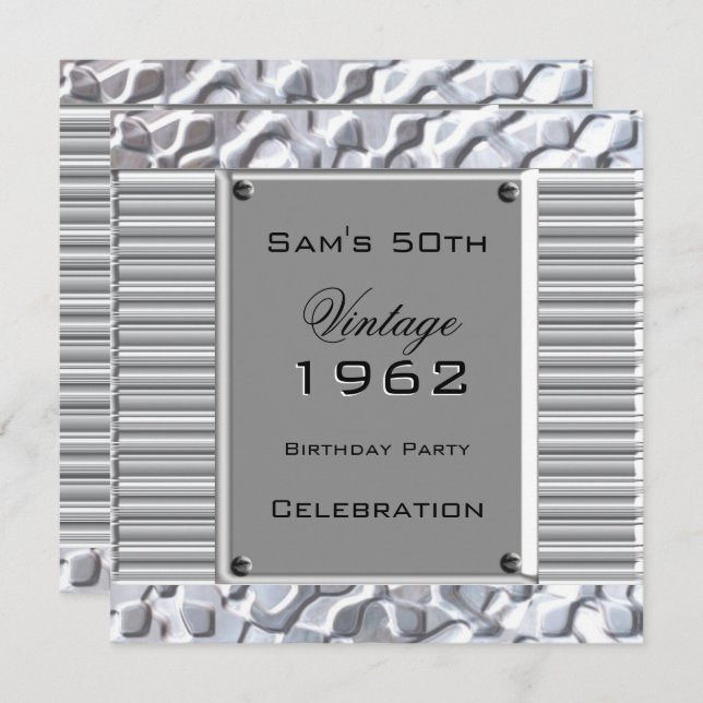 Vintage 50th Silver Metal Look Birthday Party Invitation (Front/Back)