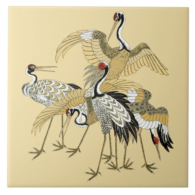 Vintage 5 Japanese Cranes Ceramic Tile (Front)