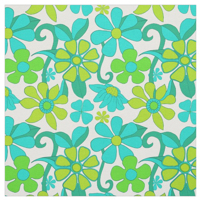 Vintage 60s Green Blue Hippie Flowers Pattern Fabric (Swatch)