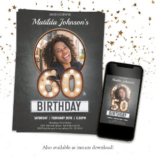 Vintage 60th Birthday Marquee Glamour Custom Photo Invitation