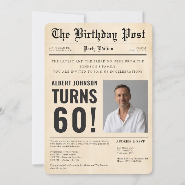 Vintage 60th Birthday Newspaper Cover Custom Photo Invitation (Front)