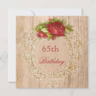 Vintage 65th Birthday Red Rose Wooden Frame Invitation