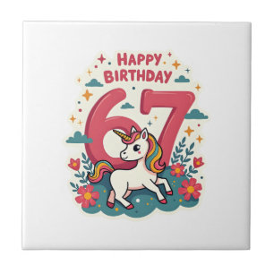 Vintage 67th Birthday Unicorn Rainbow Cute Cartoon Ceramic Tile
