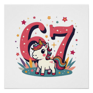 Vintage 67th Birthday Unicorn Rainbow Cute Cartoon Poster
