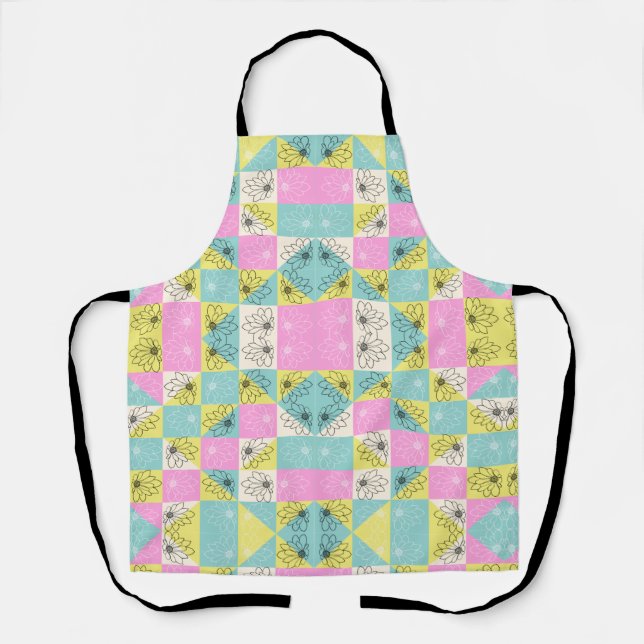Vintage 70s Chequerboard Spring Flowers Pattern Apron (Front)