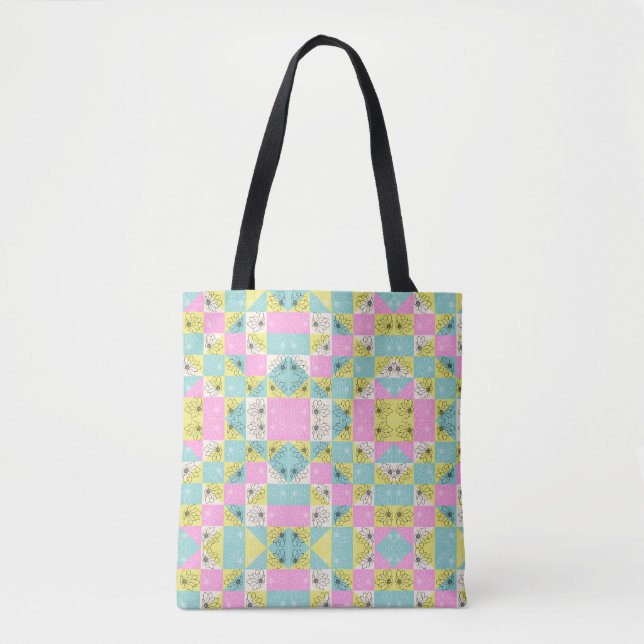 Vintage 70s Chequerboard Spring Flowers Pattern Tote Bag (Front)