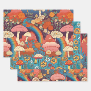 Vintage 70s Retro Hippie Style Mushroom Boho Set 3 Wrapping Paper Sheet
